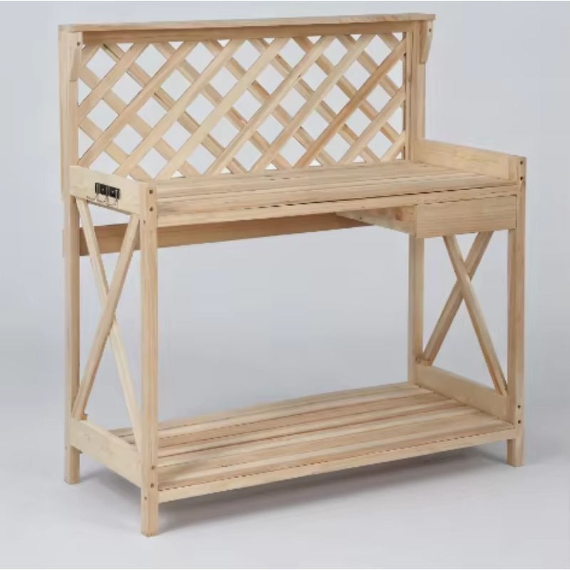 Woodworking Workbench - 工場直販 天然色木製ガーデニングベンチ 収納棚、引き出し、フック、作業台付き