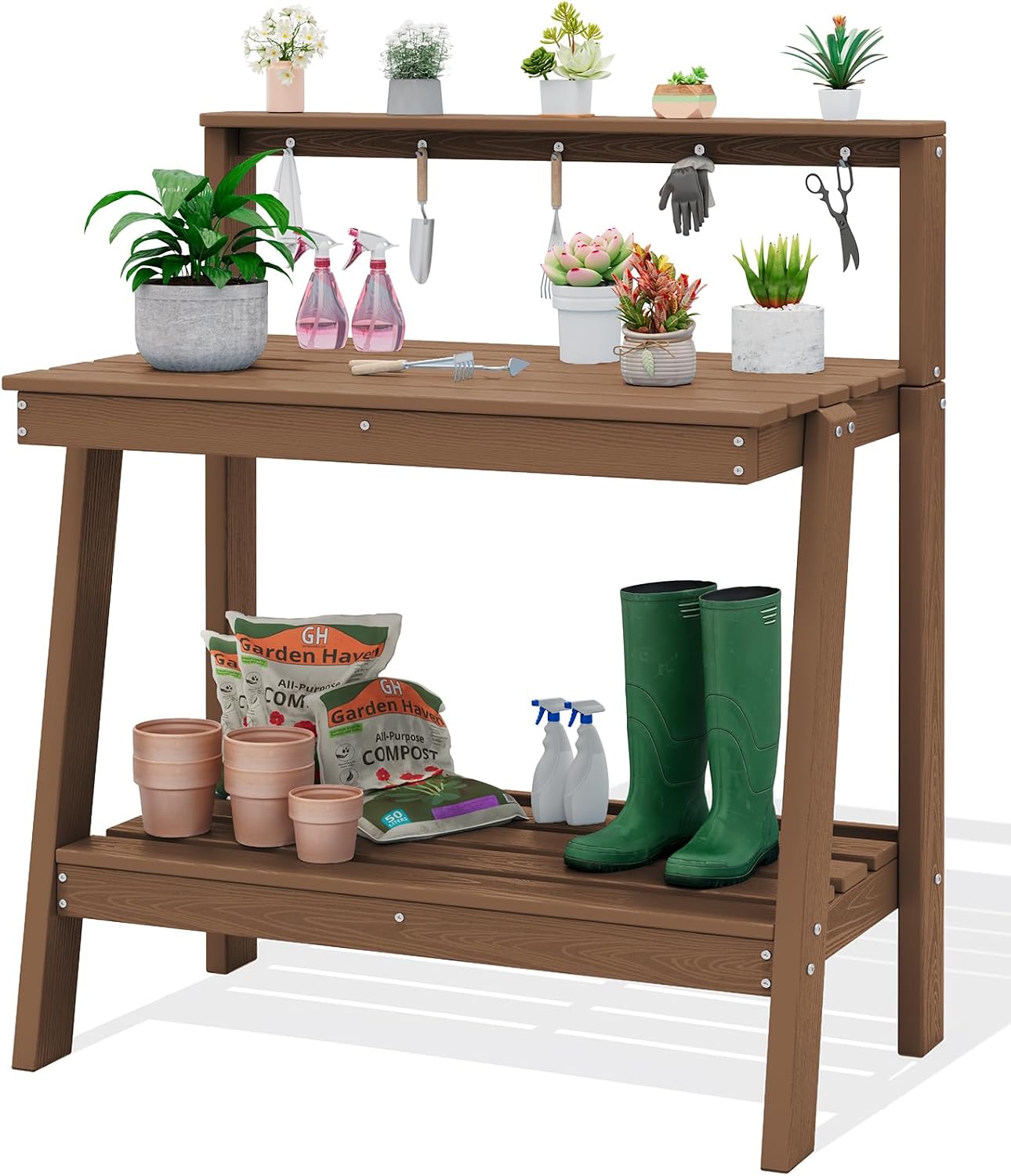 Woodworking Workbench - 屋外用鉢植え作業台、3段式ガーデンワークステーション、裏庭パティオ用植物準備台、多段収納棚、素朴なユーティリティワークテーブル、ブラウン木製仕上げ、一体型