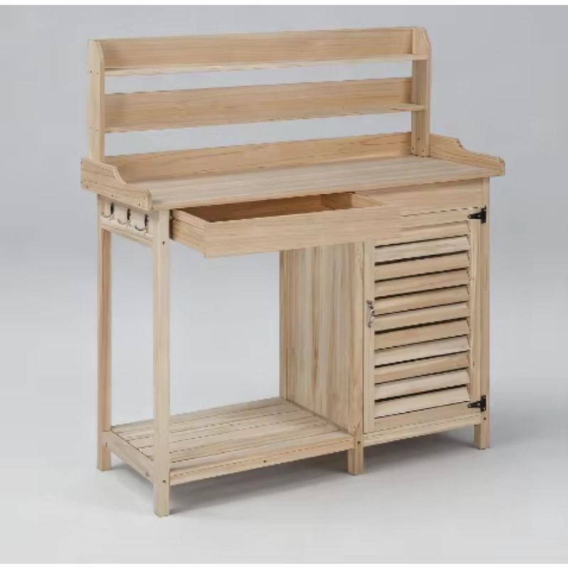 Woodworking Workbench - 新しいナチュラルカラーの木製ガーデンワークテーブル、収納キャビネット、引き出し、フック、オープンシェルフ付き