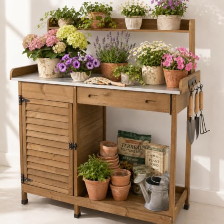 Woodworking Workbench - 収納キャビネット付きの植木鉢置き台作業台、金属製のテーブルトップ/引き出し/フック/オープンシェルフを備えた屋外木製ガーデンワークステーション