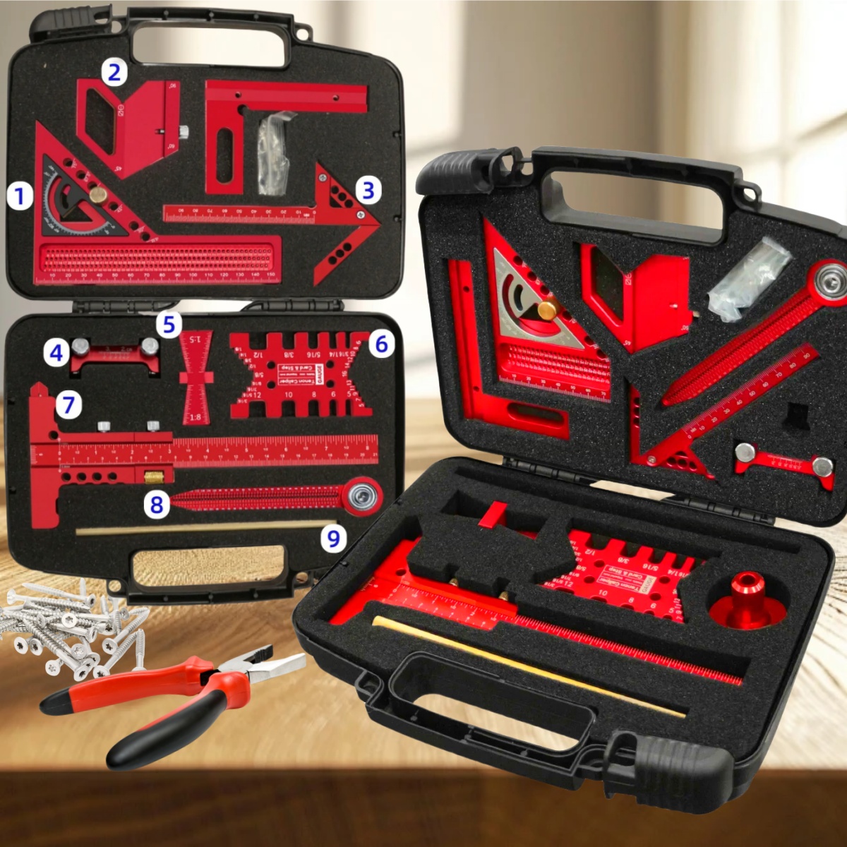 Woodworking Free Plans - 9個/10個入り木工測定ツールセット、収納ボックス付き、木製パネルの接合とレイアウト計画、木工プロジェクト用