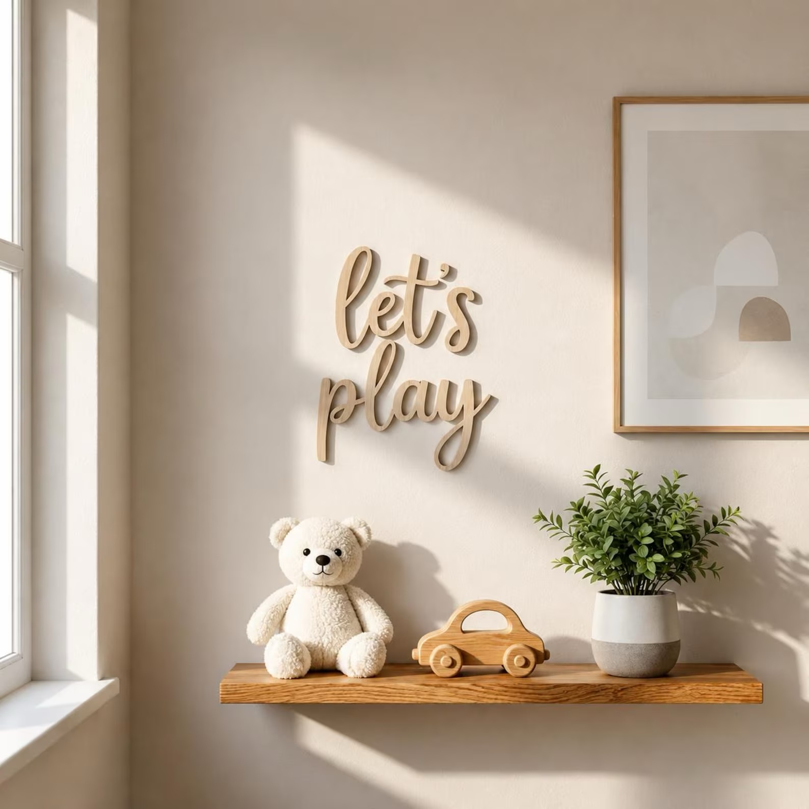Woodworking For Beginners - 木製ウォールサイン「Let's Play」、プレイルーム・ゲームルームの装飾、合板製保育園ウォールアート装飾、子供部屋の引用句サイン