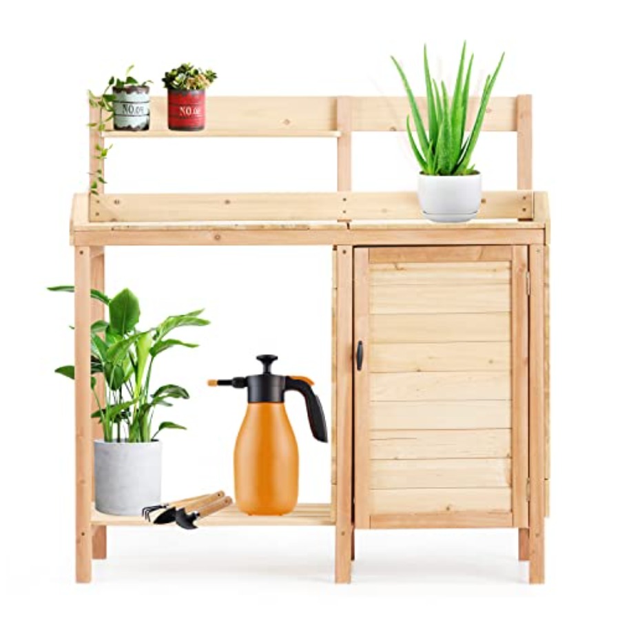 Woodworking Workbench - 屋外用鉢植え作業台（シンク付き）、スライド式天板と収納キャビネット付き、頑丈なモミ材製ガーデンワークベンチ