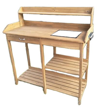 Woodworking Workbench - 木製の植木鉢置き台（シンク付き）、屋外ガーデンテーブル（棚付き作業台）、芝生やパティオ用ワークステーション