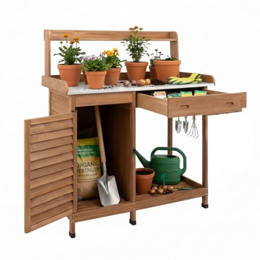 収納キャビネット付きの植木鉢置き台作業台、金属製のテーブルト - Woodworking Workbench のレビューと価格