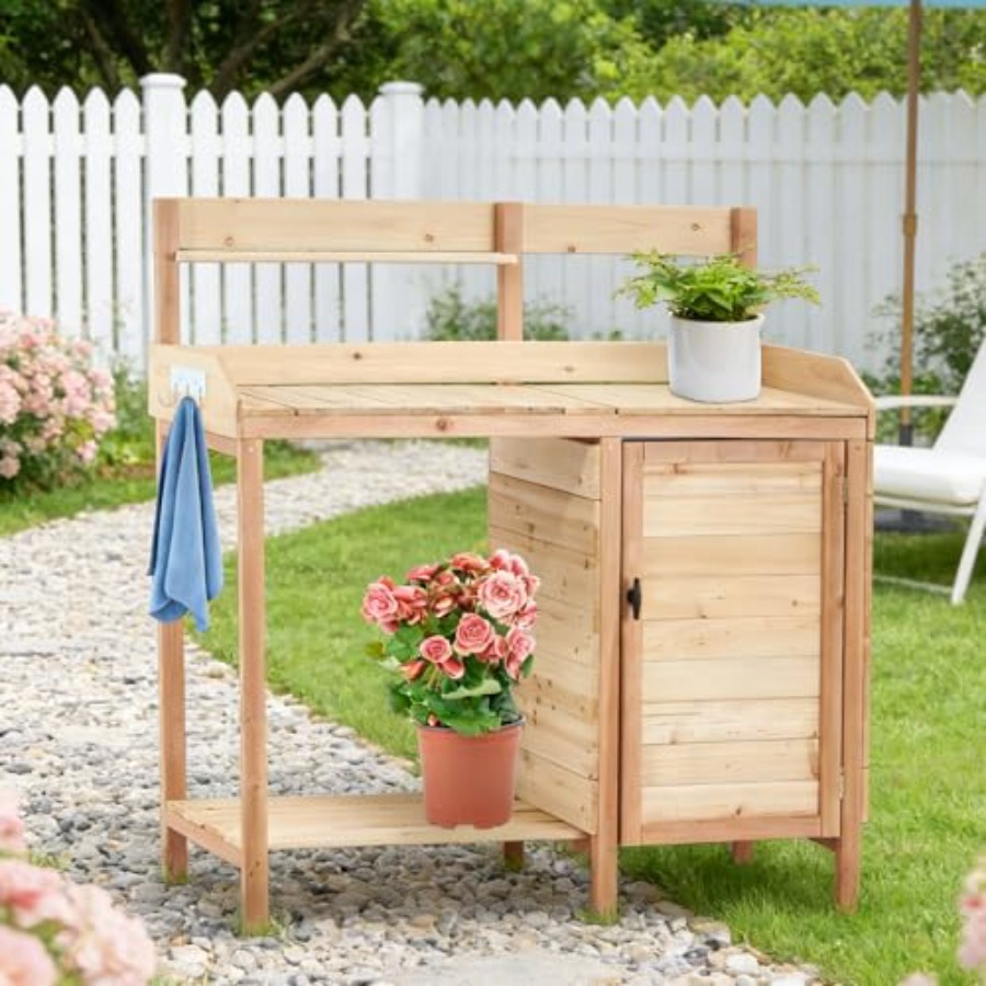 屋外用鉢植え作業台（シンク付き）、スライド式天板と収納キャビ - Woodworking Workbench のレビューと価格