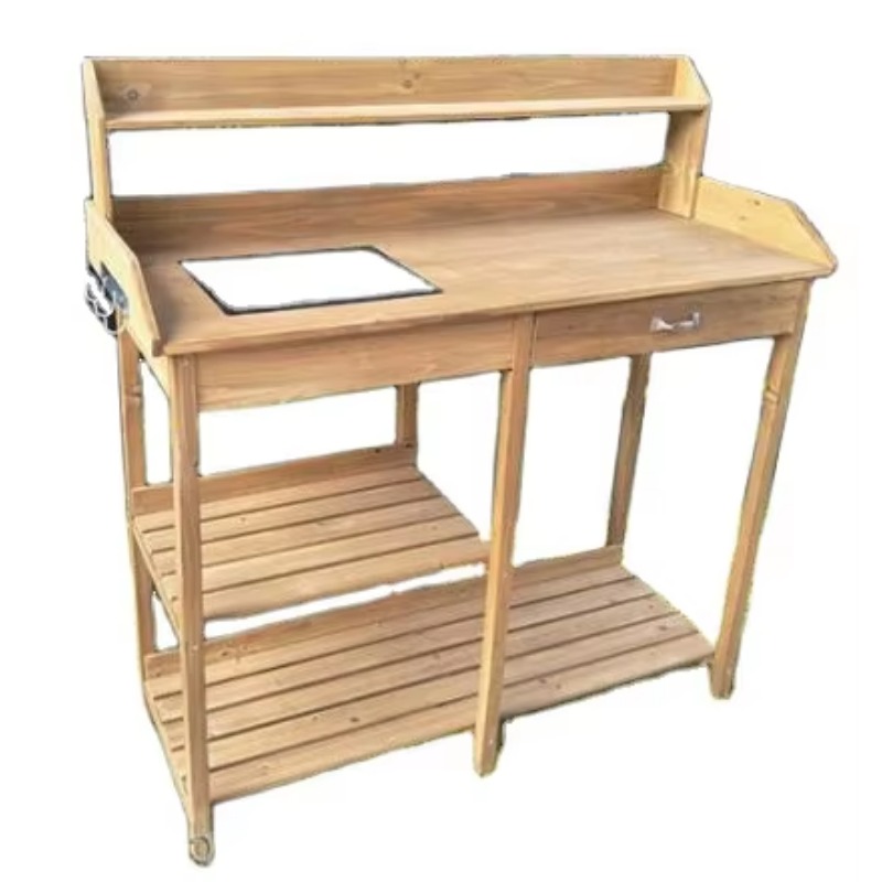 木製の植木鉢置き台（シンク付き）、屋外ガーデンテーブル（棚付 - Woodworking Workbench のレビューと価格